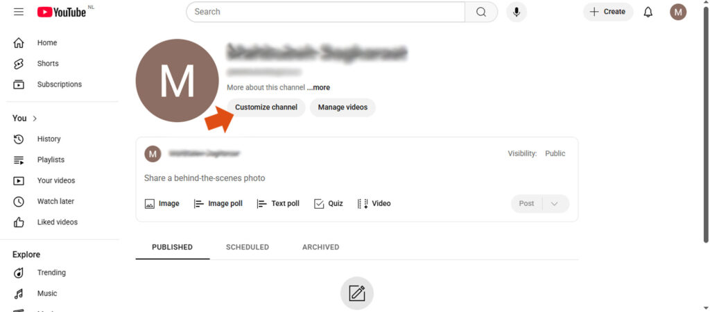 قسمت Customize Channel در یوتیوب