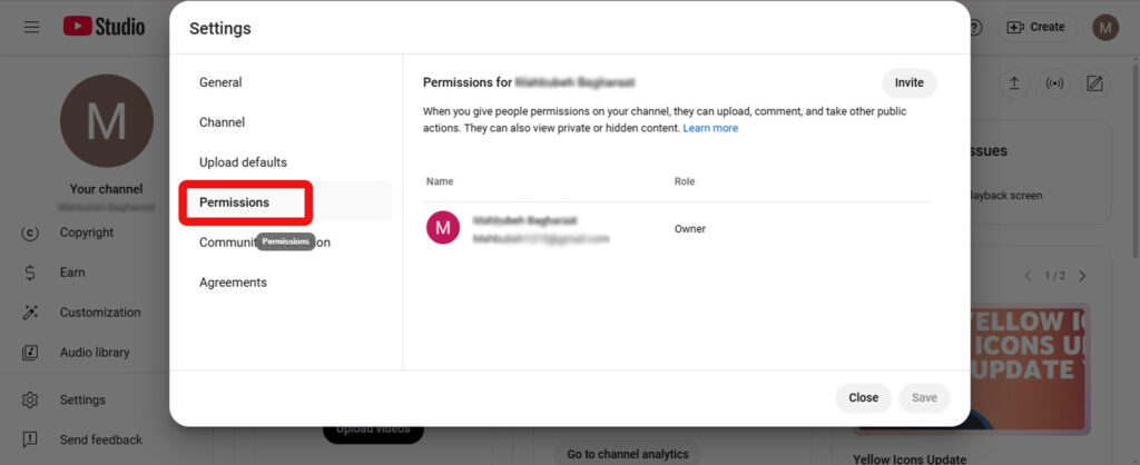 اطلاعات ورود را محرمانه  با استفاده ازPermissions در YouTube Studio